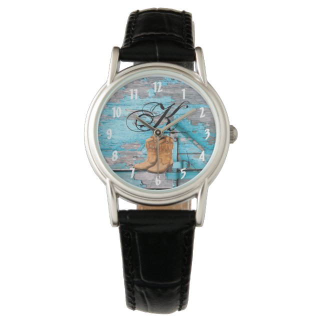 Personalized Wrist Watch Blue Wood Barn Door Boots (Front)