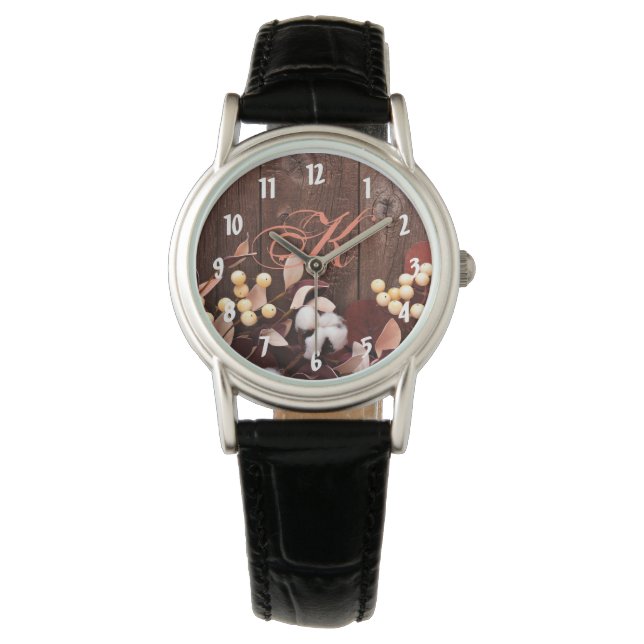 Personalized Wrist Watch Cotton Branch on Dark Woo (Front)