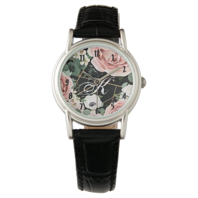 Personalized Wrist Watch Geometric Garden Black (Front)