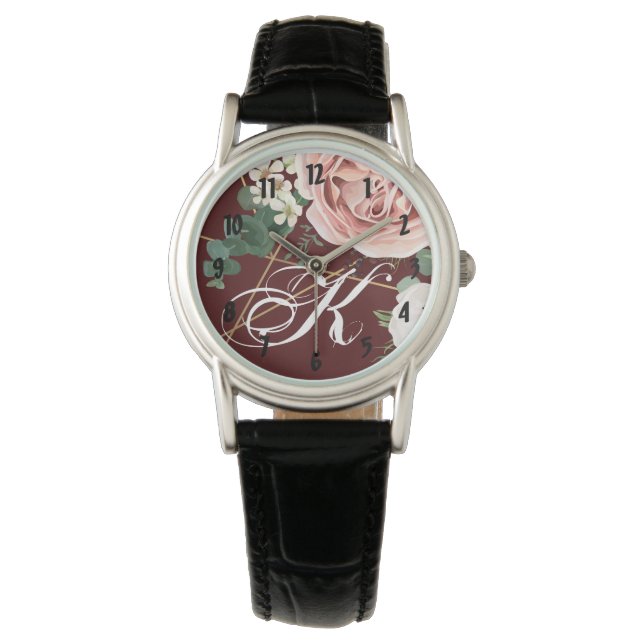 Personalized Wrist Watch Geometric Garden Wine Bur (Front)