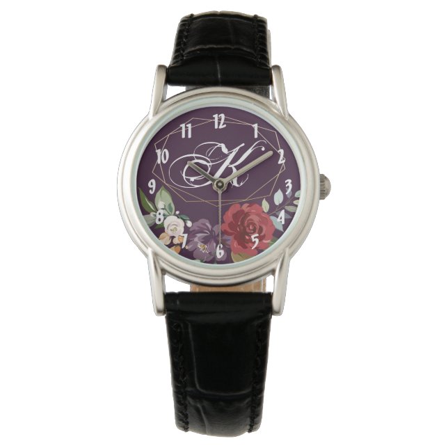 Personalized Wrist Watch Plum Purple Roses Gold Ge (Front)