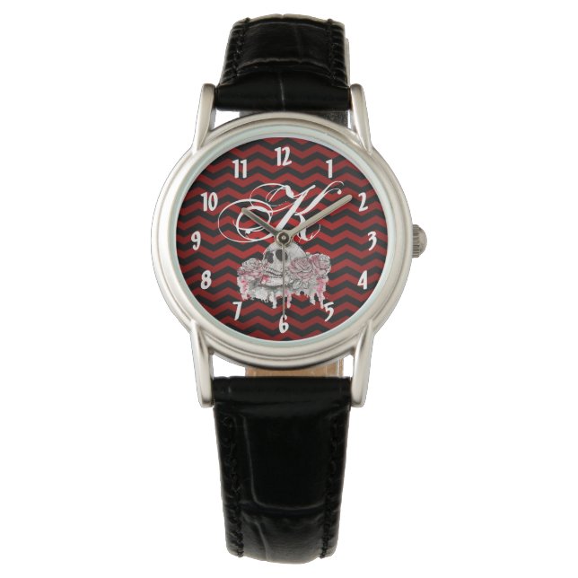 Personalized Wrist Watch skull Rose Gothic Chevron (Front)