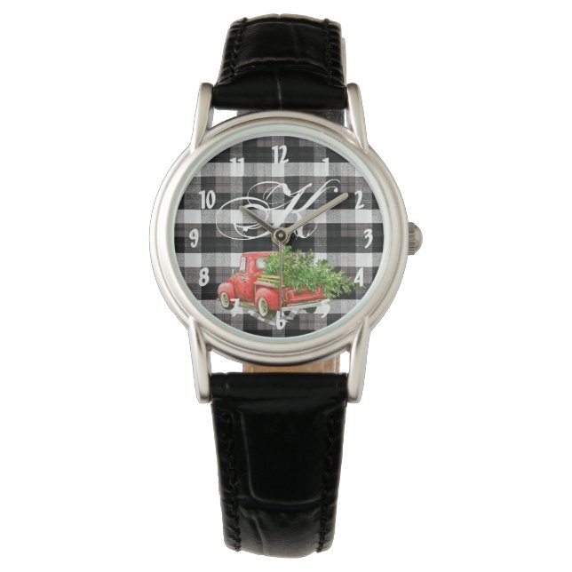 Personalized Wrist Watch XMAS Truck Baffalo Plaid (Front)