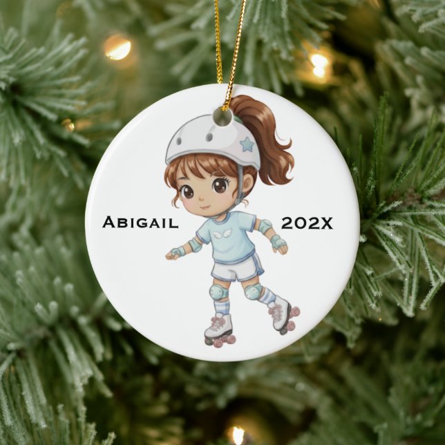 Personalized Xmas Hispanic Girl Roller Skating Ceramic Ornament (Tree)