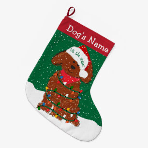 Personalized Xmas Lights Red Goldendoodle Large Christmas Stocking