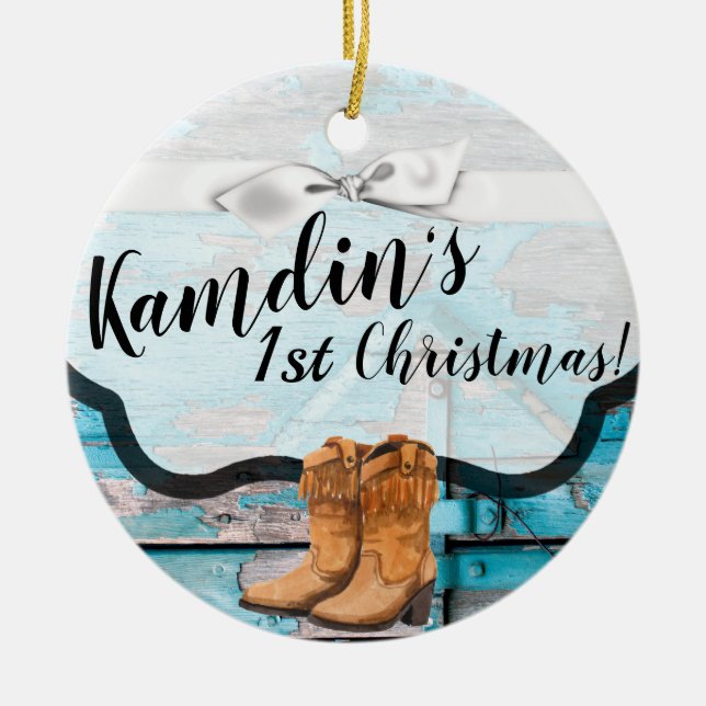 Personalized XMAS Ornament Blue Wood Barn Door Boo (Front)