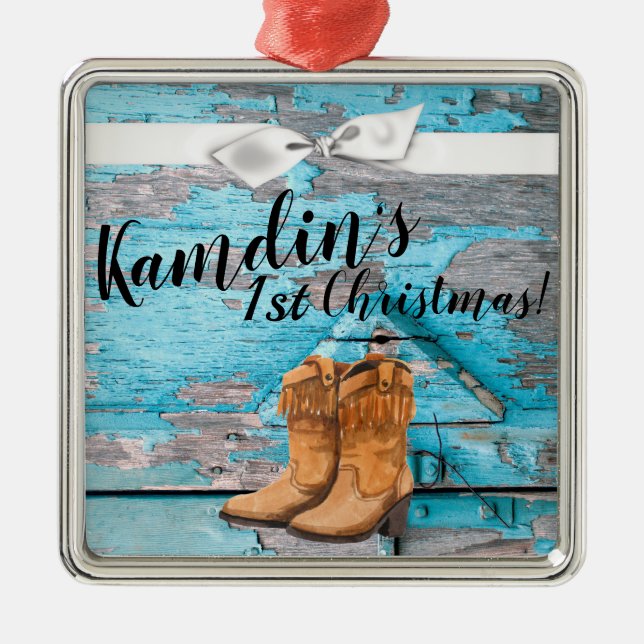 Personalized XMAS Ornament Blue Wood Barn Door Boo (Front)