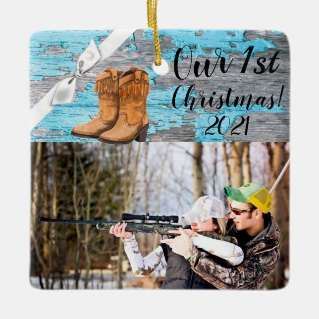 Personalized XMAS Ornament Blue Wood Barn Door Boo (Front)
