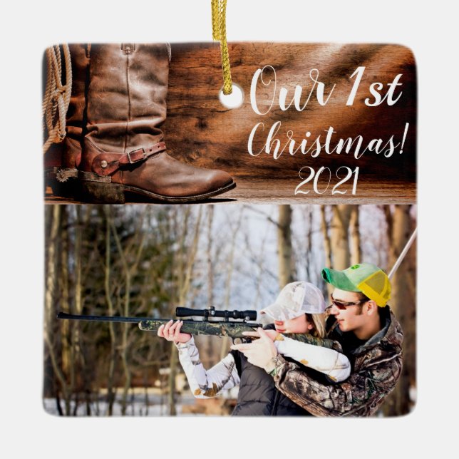 Personalized XMAS Ornament Cowboy Boots Barn Wood (Front)