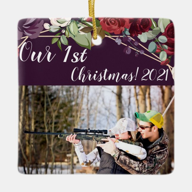 Personalized XMAS Ornament Plum Purple Roses Gold (Front)
