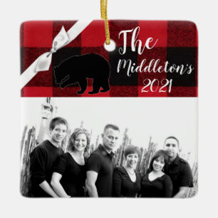 Personalized XMAS Ornament Red Buffalo Plaid Bear