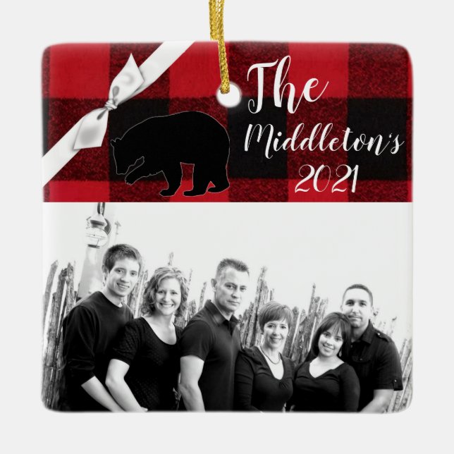 Personalized XMAS Ornament Red Buffalo Plaid Bear (Front)