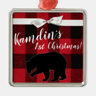 Personalized XMAS Ornament Red Buffalo Plaid Bear