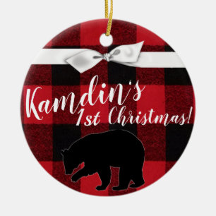 Personalized XMAS Ornament Red Buffalo Plaid Bear