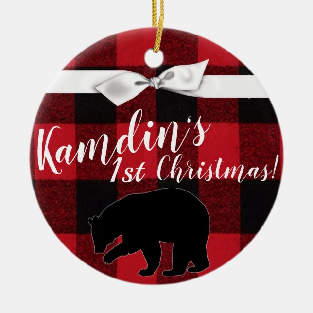 Personalized XMAS Ornament Red Buffalo Plaid Bear (Front)