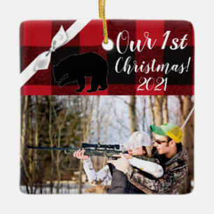 Personalized XMAS Ornament Red Buffalo Plaid Bear