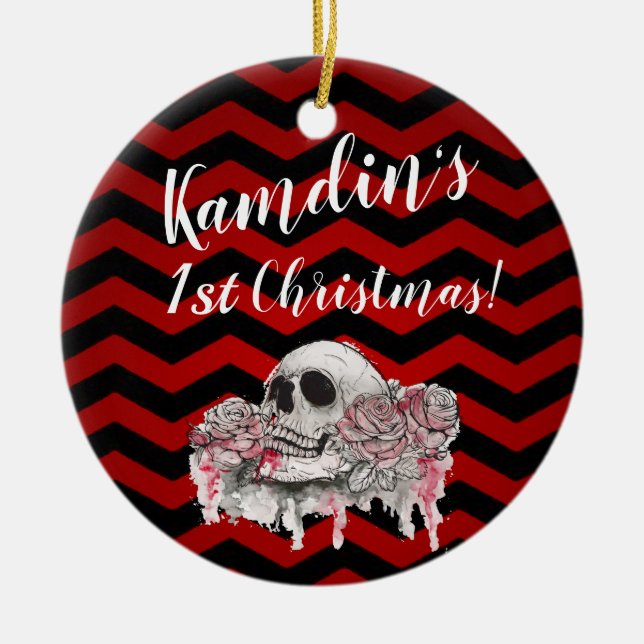 Personalized XMAS Ornament skull Rose goth Chevron (Front)