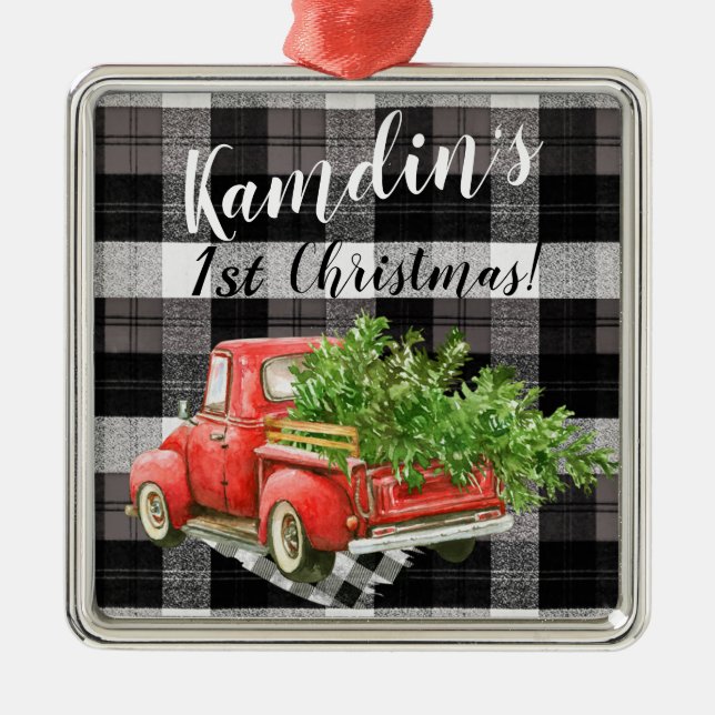 Personalized XMAS Ornament Truck Buffalo Plaid Bla (Front)