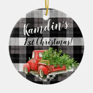 Personalized XMAS Ornament Truck Buffalo Plaid Bla