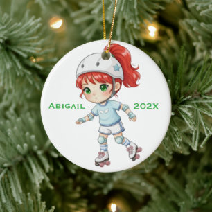 Personalized Xmas Red Hair Girl Roller Skating Ceramic Ornament