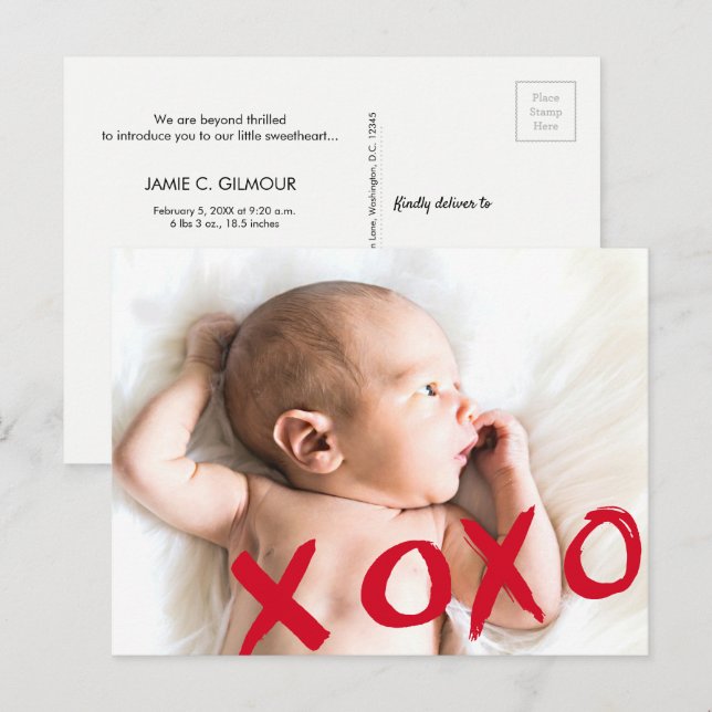 Personalized XOXO Valentine's Baby photo Announcement Postcard (Front/Back)
