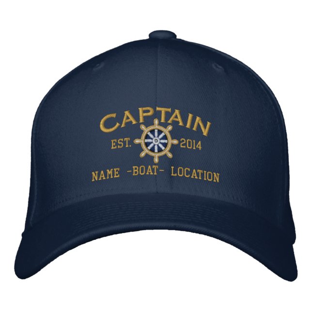 Personalized YEAR and Names Captain Wheel Embroidered Hat (Front)