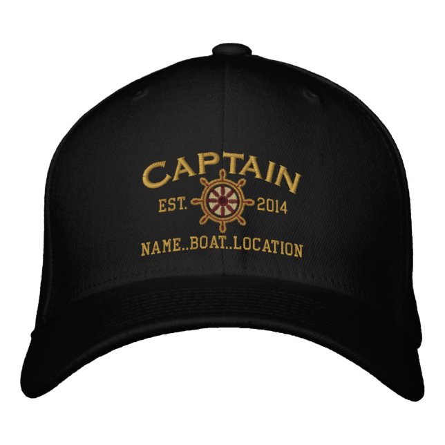 Personalized YEAR and Names Captain Wheel Embroidered Hat (Front)