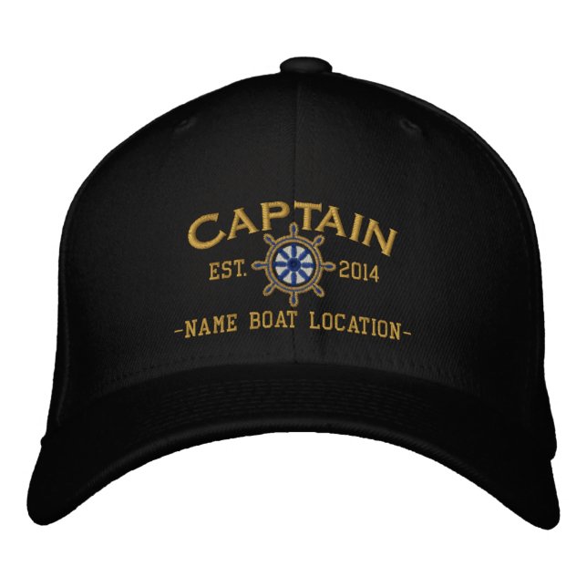 Personalized YEAR and Names Captain Wheel Embroidered Hat (Front)