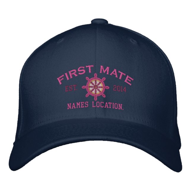 Personalized YEAR and Names First Mate Wheel Embroidered Hat (Front)