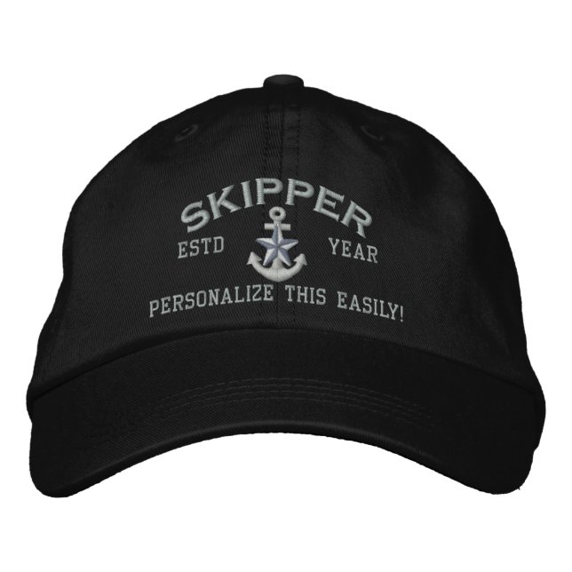Personalized YEAR and Names Skipper Silver Star Embroidered Hat (Front)