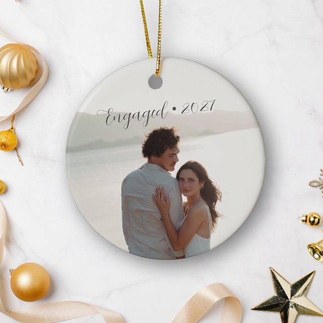 Personalized Year Engaged Couple Christmas Script Ceramic Ornament (Creator Uploaded)