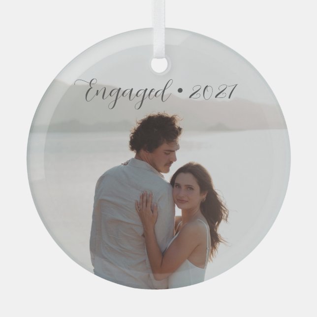 Personalized Year Engaged Couple Christmas Script Glass Ornament (Front)