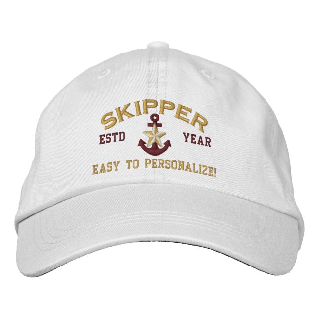 Personalized YEAR Names Skipper Gold Star Anchor Embroidered Hat (Front)