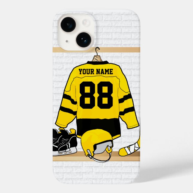 Personalized Yellow and Black Ice Hockey Jersey Case-Mate iPhone Case (Back)