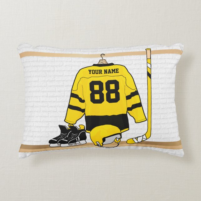 Personalized Yellow and Black Ice Hockey Jersey Decorative Pillow (Front)