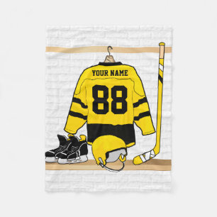 Personalized Yellow and Black Ice Hockey Jersey Fleece Blanket