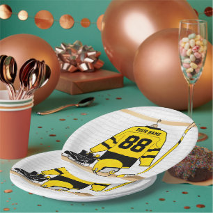 Personalized Yellow and Black Ice Hockey Jersey Paper Plate