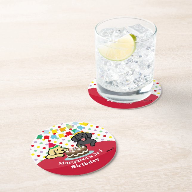 Personalized Yellow and Black Labradors Birthday Round Paper Coaster (Insitu)