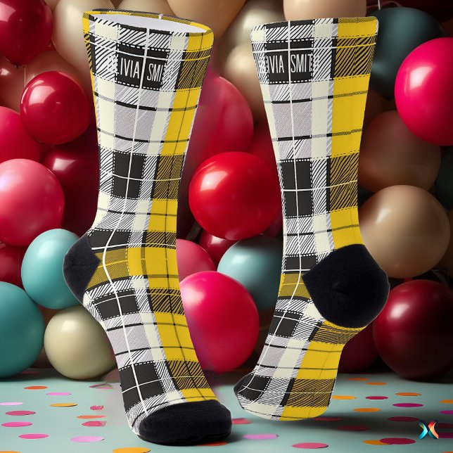 Personalized Yellow and Black Tartan Plaid Custom Socks (Creator Uploaded)