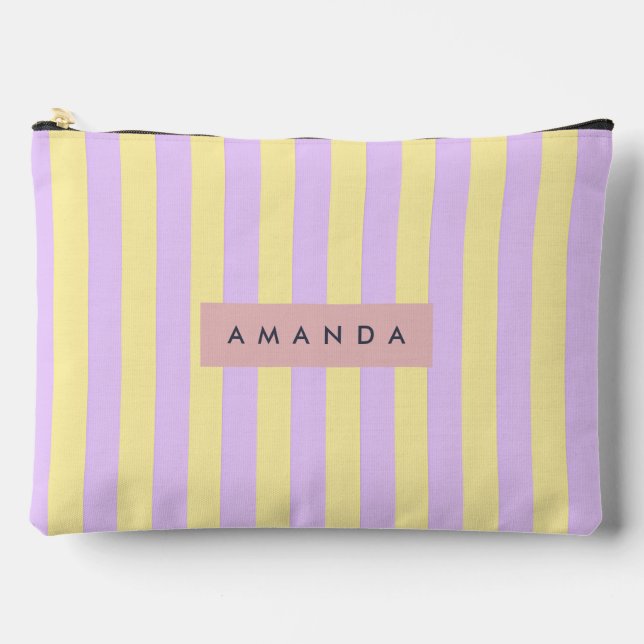 Personalized Yellow and Lavender Pastel Stripe Accessory Pouch (Front)