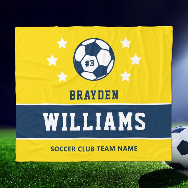 Personalized Yellow and Navy Soccer Player Name Fleece Blanket (Creator Uploaded)