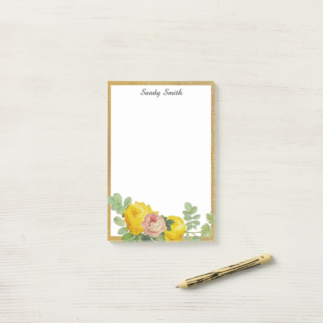 Personalized Yellow and Pink Roses Floral  Post-it Notes (On Desk)