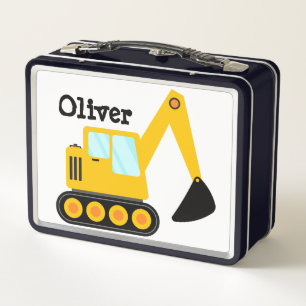 Personalized Yellow Backhoe Truck Loader Metal Lunch Box