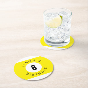 Personalized Yellow Billiard Pool Ball Birthday Round Paper Coaster