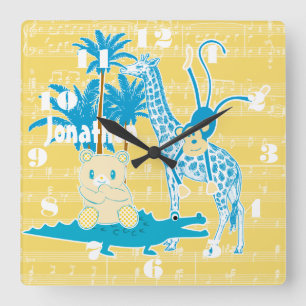 Personalized Yellow Blue Jungle Animal Wall Clock