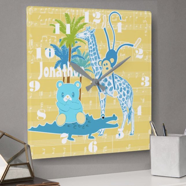 Personalized Yellow Blue Jungle Animal Wall Clock (Creator Uploaded)