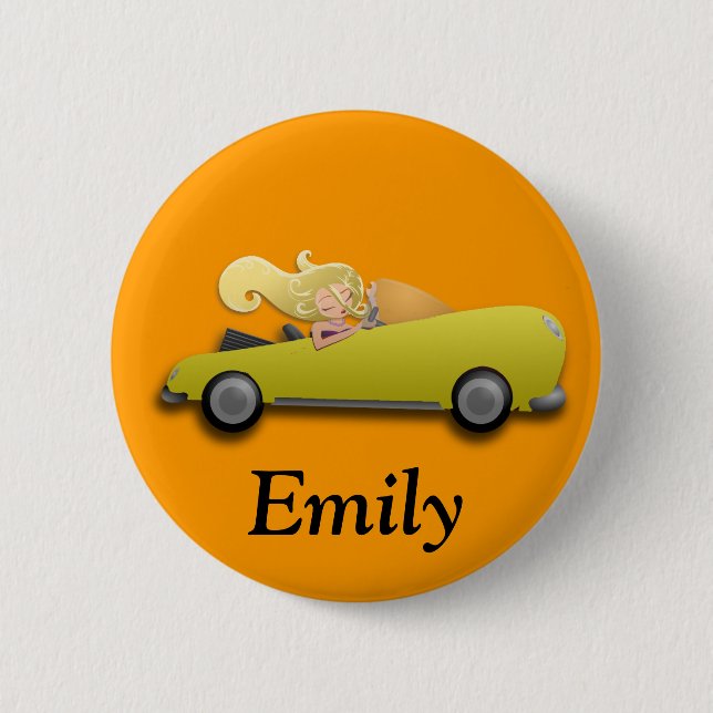 Personalized Yellow Car and Girl Button (Front)