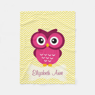Personalized Yellow Chevron Pink Owl Fleece Blanket