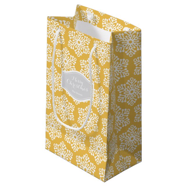 Personalized yellow Chirstmas snowflakes pattern Small Gift Bag (Front Angled)