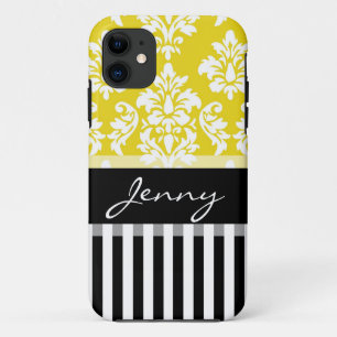 Personalized Yellow Damask Black Stripes iPhone 11 Case